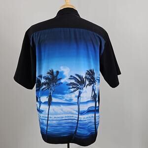 Rietveld Fantasy Palms Hawaiian Shirt Black Blue Hula Girls | Men's Medium FLAWS